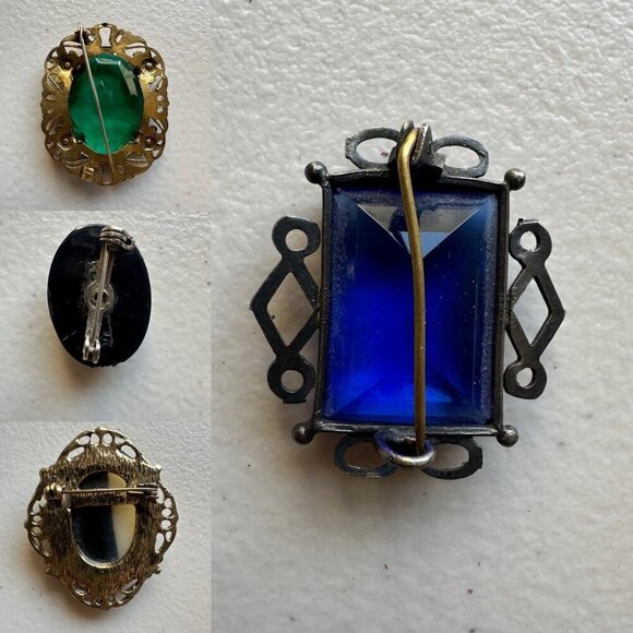 Cameo and Colored Rhinestone Lapel Scarf Hat Pins Set of 4 Retro Glam Brooches - Picture 10 of 11
